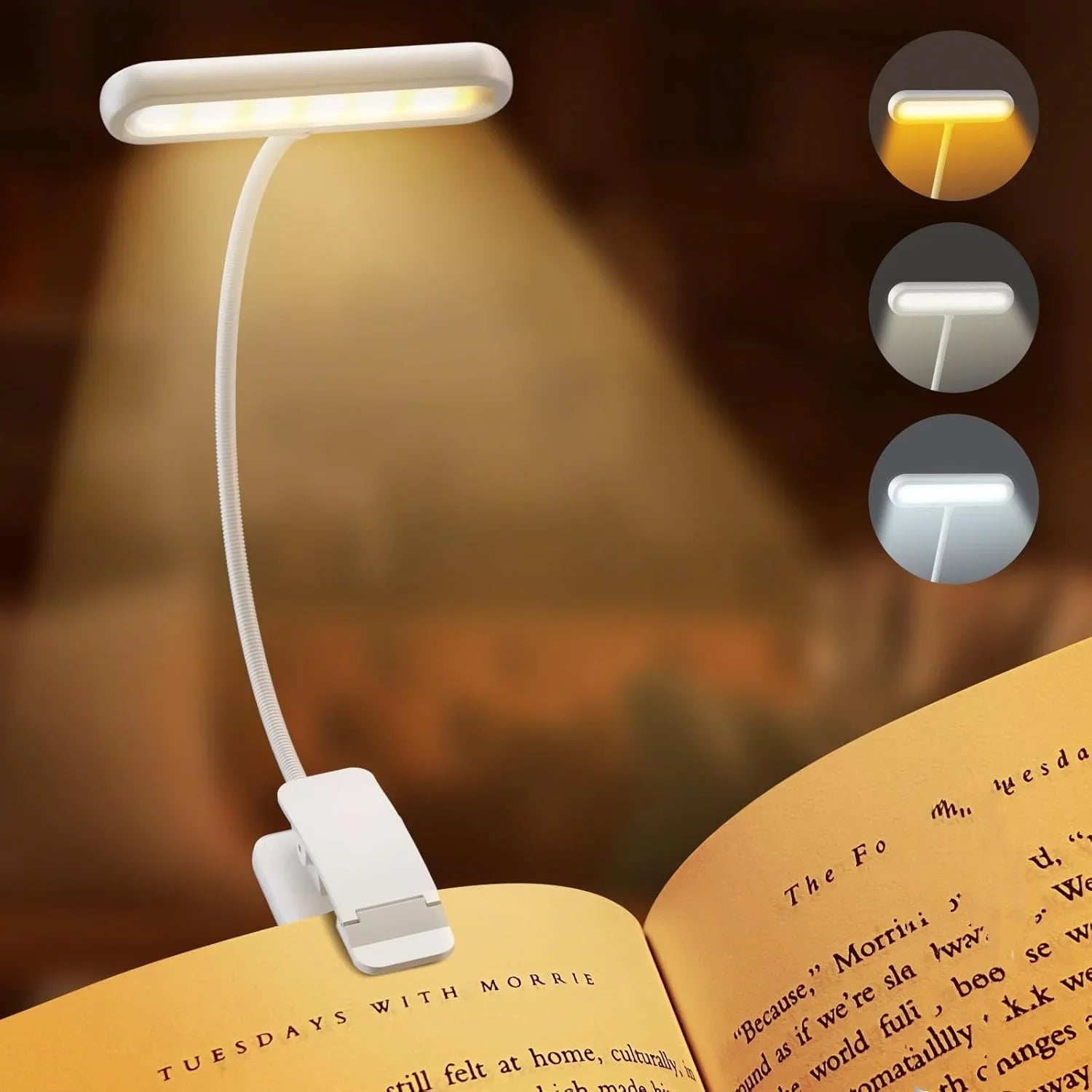 14LED USB Rechargeable Book Light, Warm/Cool White, Flexible Clip, P