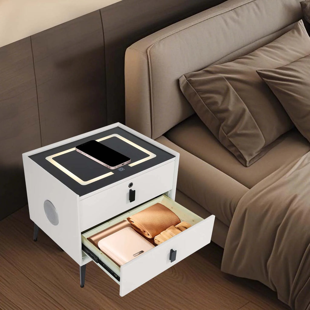Modern Rectangular Bedside Table with Drawers Bluetooth Speaker Smar