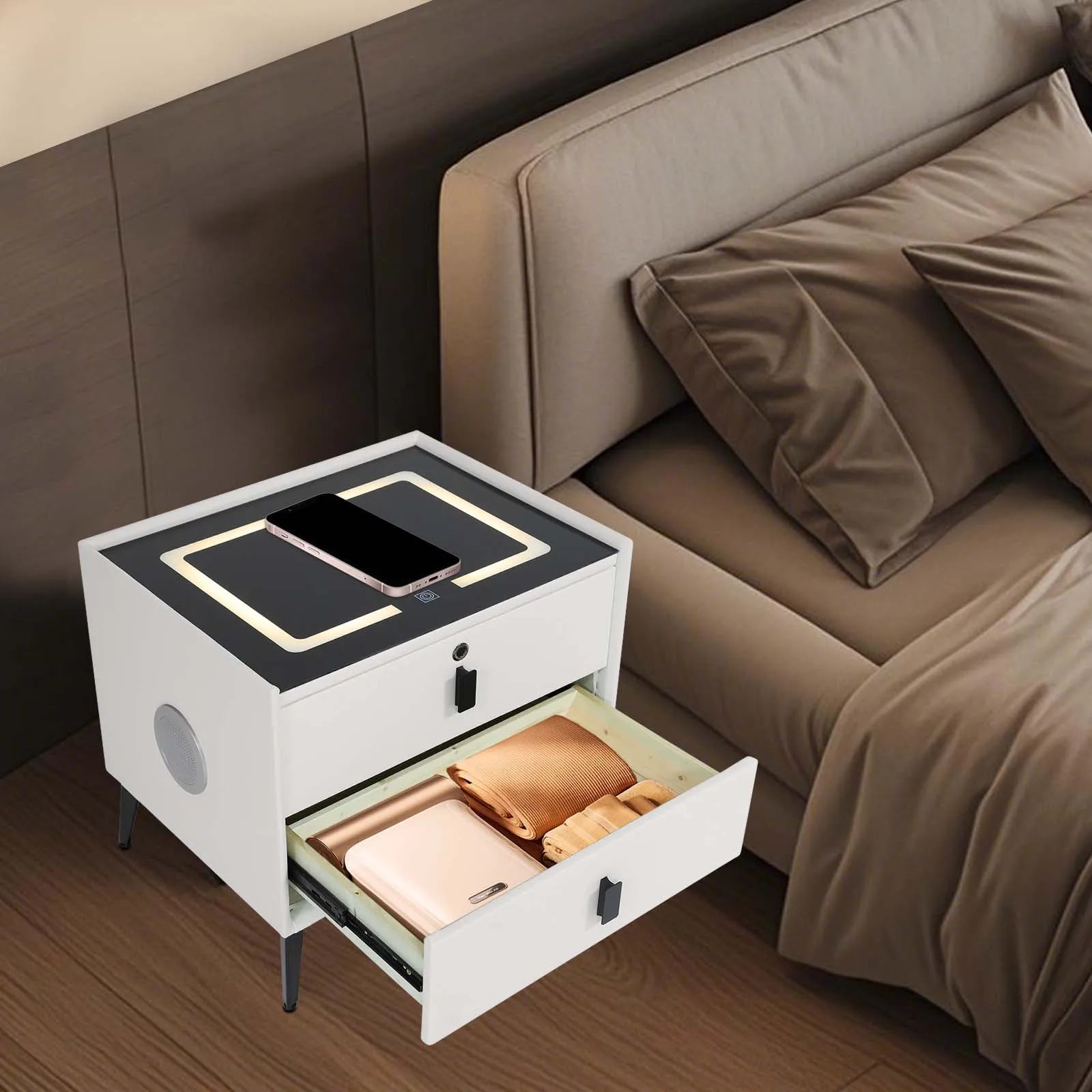 Modern Rectangular Bedside Table with Drawers Bluetooth Speaker Smar