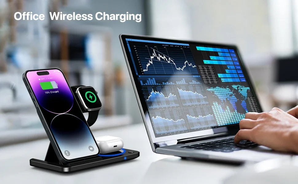 30W LED Fast Wireless Charger Stand 3 in 1 Foldable Charging Station