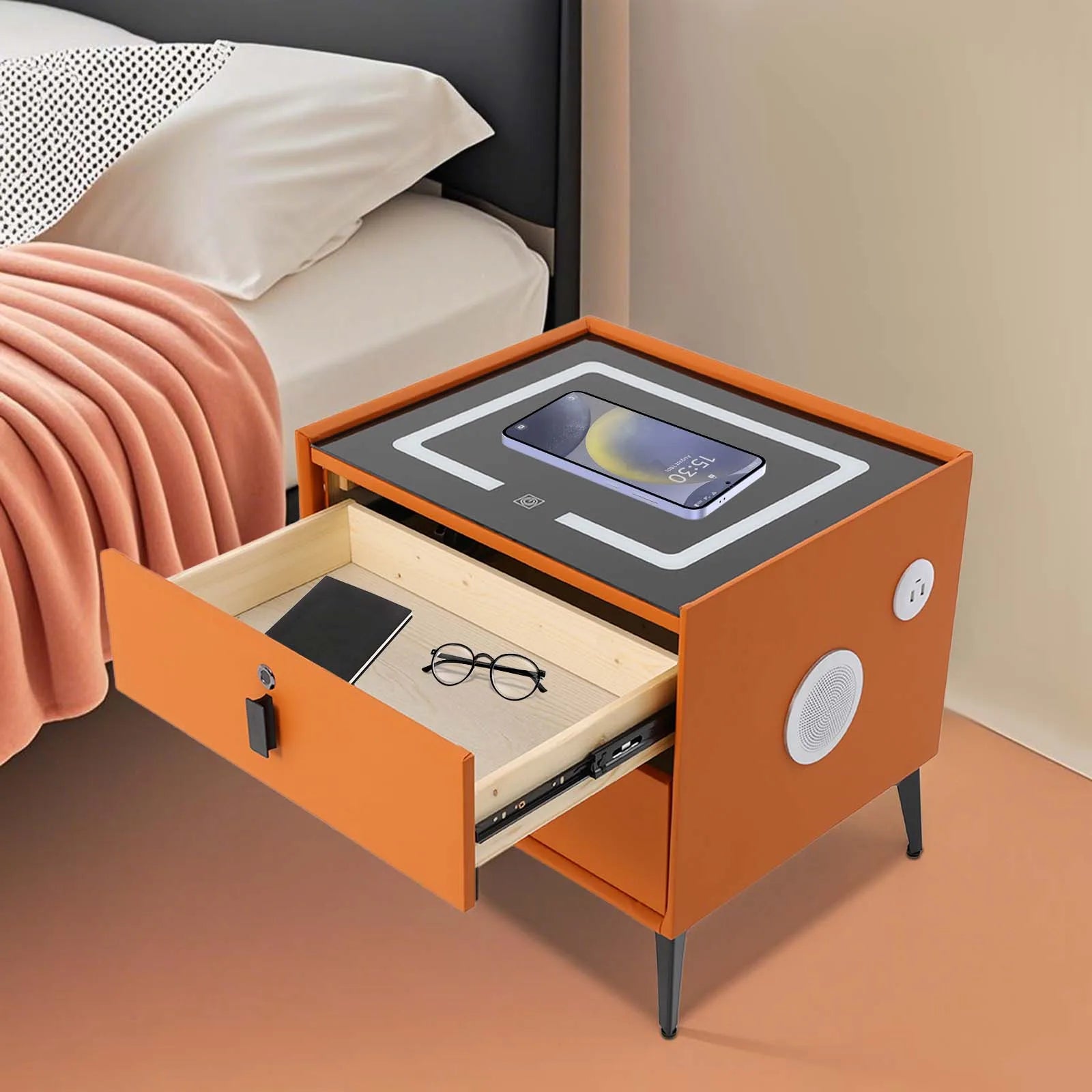 Modern Rectangular Bedside Table with Drawers Bluetooth Speaker Smar