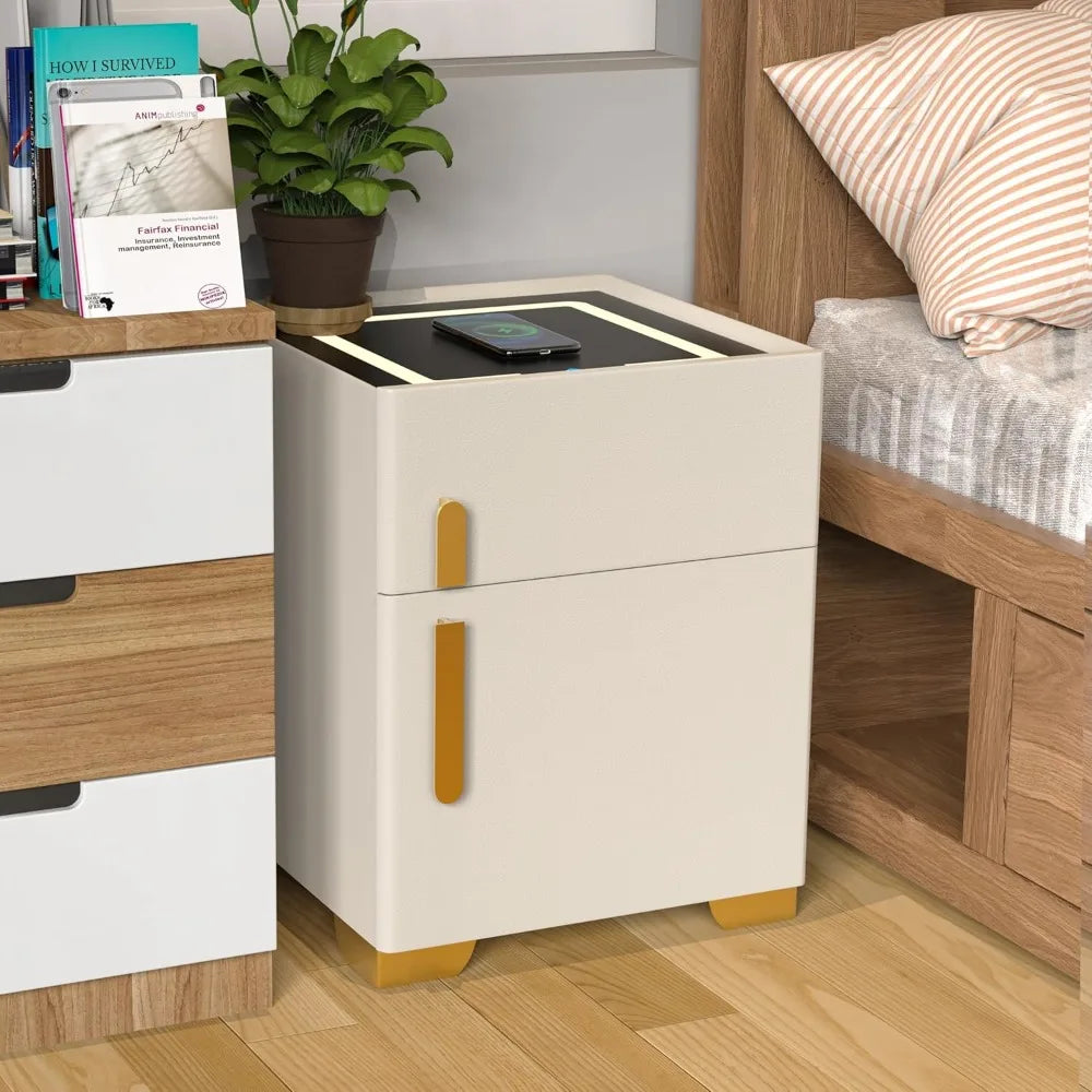 Nightstand with Drawer, Wireless Charging Bedside Table 3 LED Light