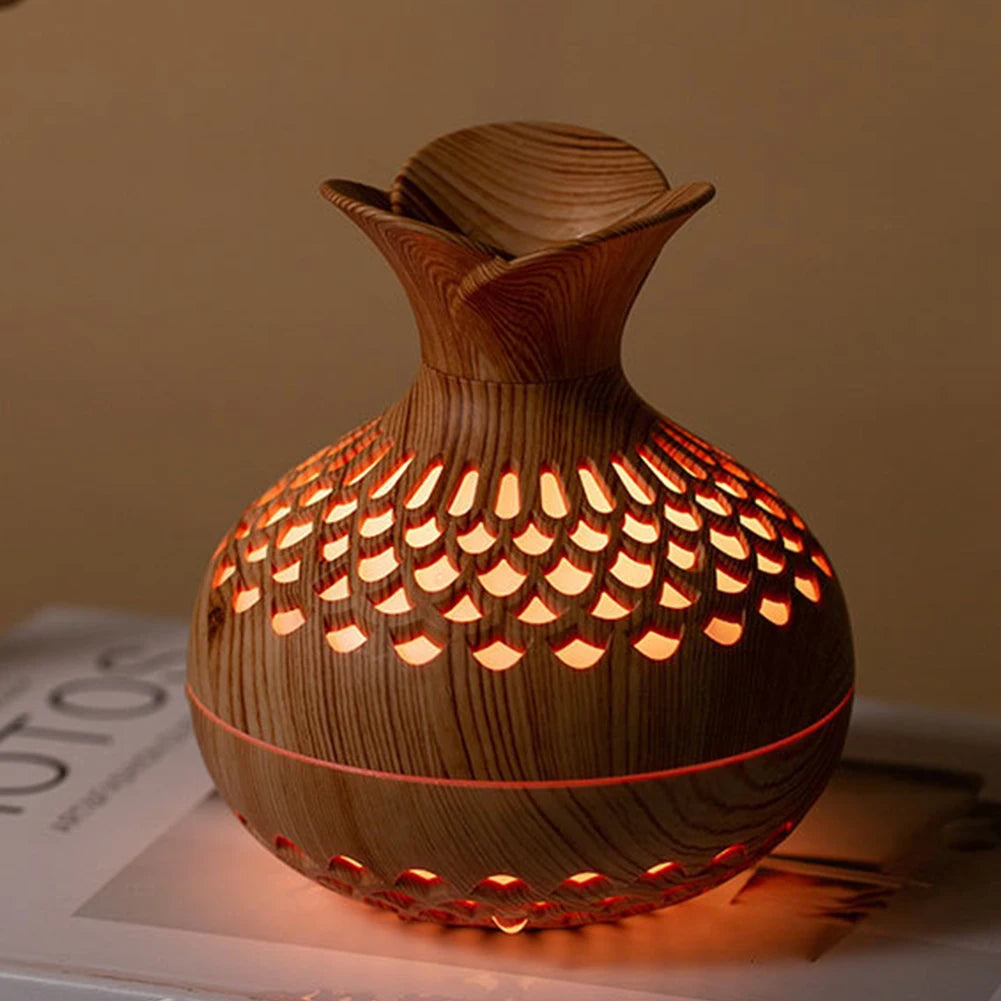 300ML Wood Grain Flower Humidifier Silent Aromatherapy Diffuser USB