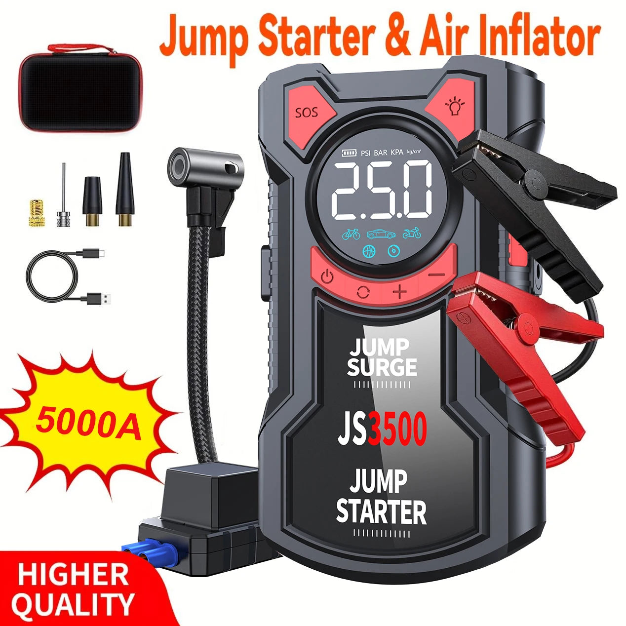 5 – in – 1 Multifunctional Air Pump Jump Starter with Air Compressor