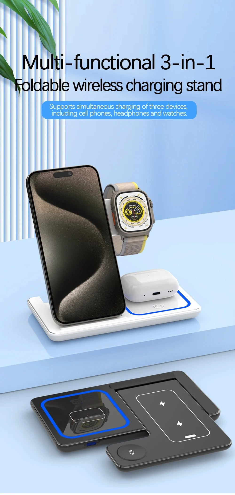 Foldable 3 in 1 Wireless Charger Pad Stand for IPhone 15 14 13 12 8