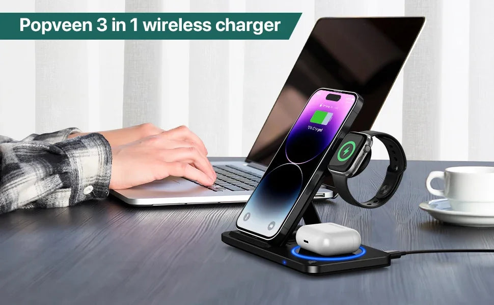 30W LED Fast Wireless Charger Stand 3 in 1 Foldable Charging Station