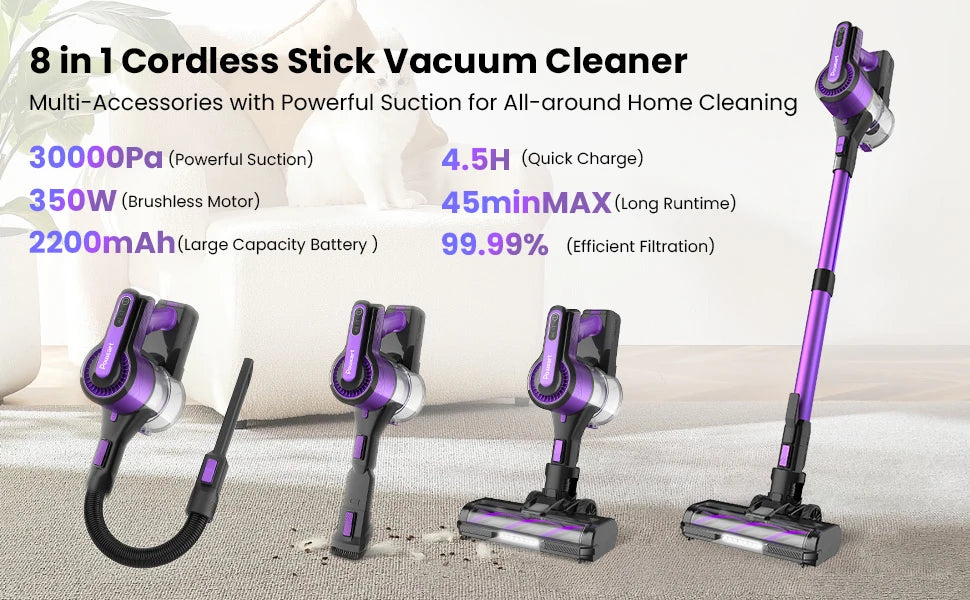Poweart V870 Cordless Vacuum Cleaner 30KPa 8 – in – 1 Stick Vacuum U