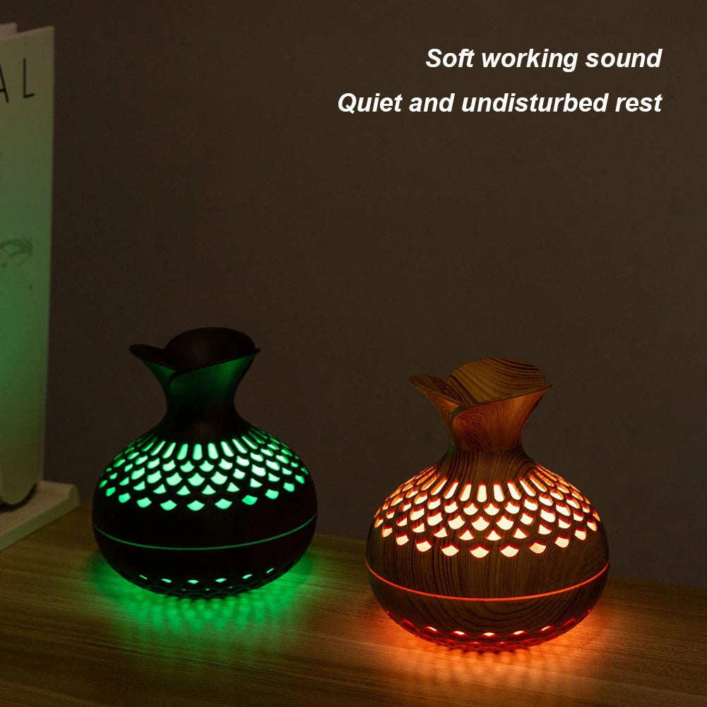 300ML Wood Grain Flower Humidifier Silent Aromatherapy Diffuser USB