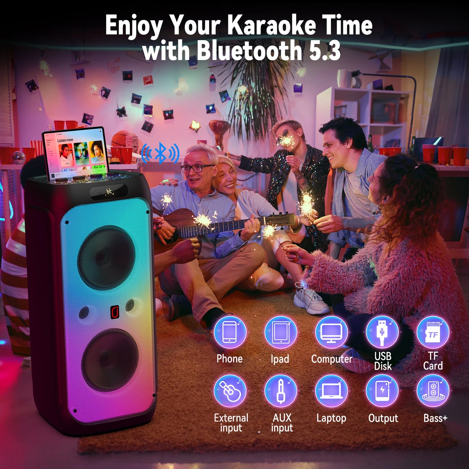 FanFun 500W Large Bluetooth Speaker, Wireless Speaker with LED Party