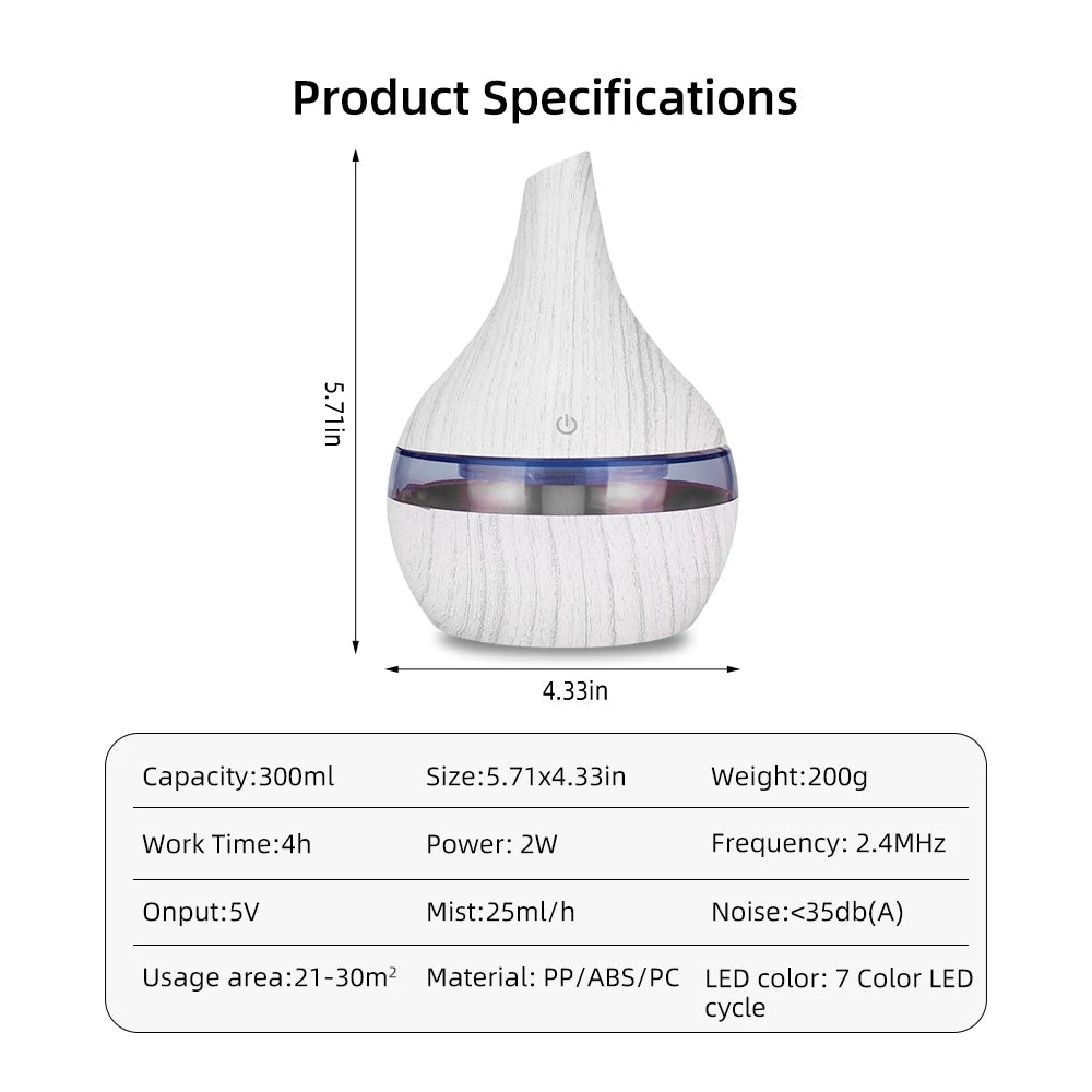 300ml USB Diffusers Rechargeable Air Humidifier with 7 – Color LED A