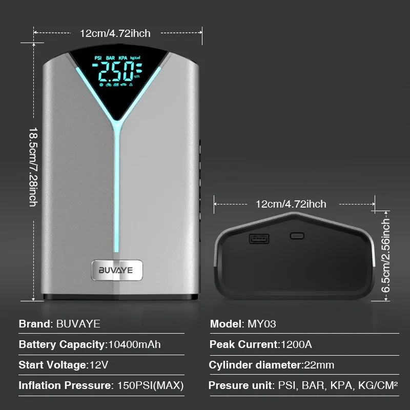 BUVAYE Portable 4 in 1 Car Battery Jump Starter Air Pump Power Bank