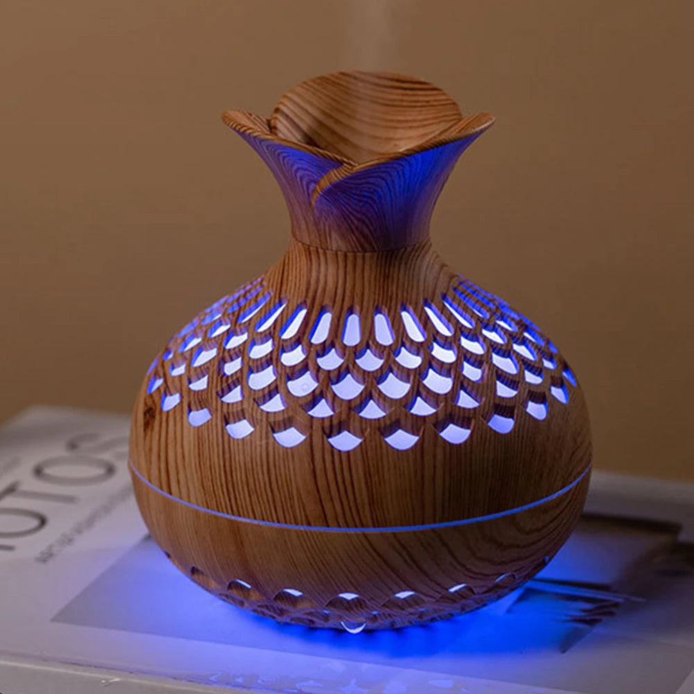 300ML Wood Grain Flower Humidifier Silent Aromatherapy Diffuser USB