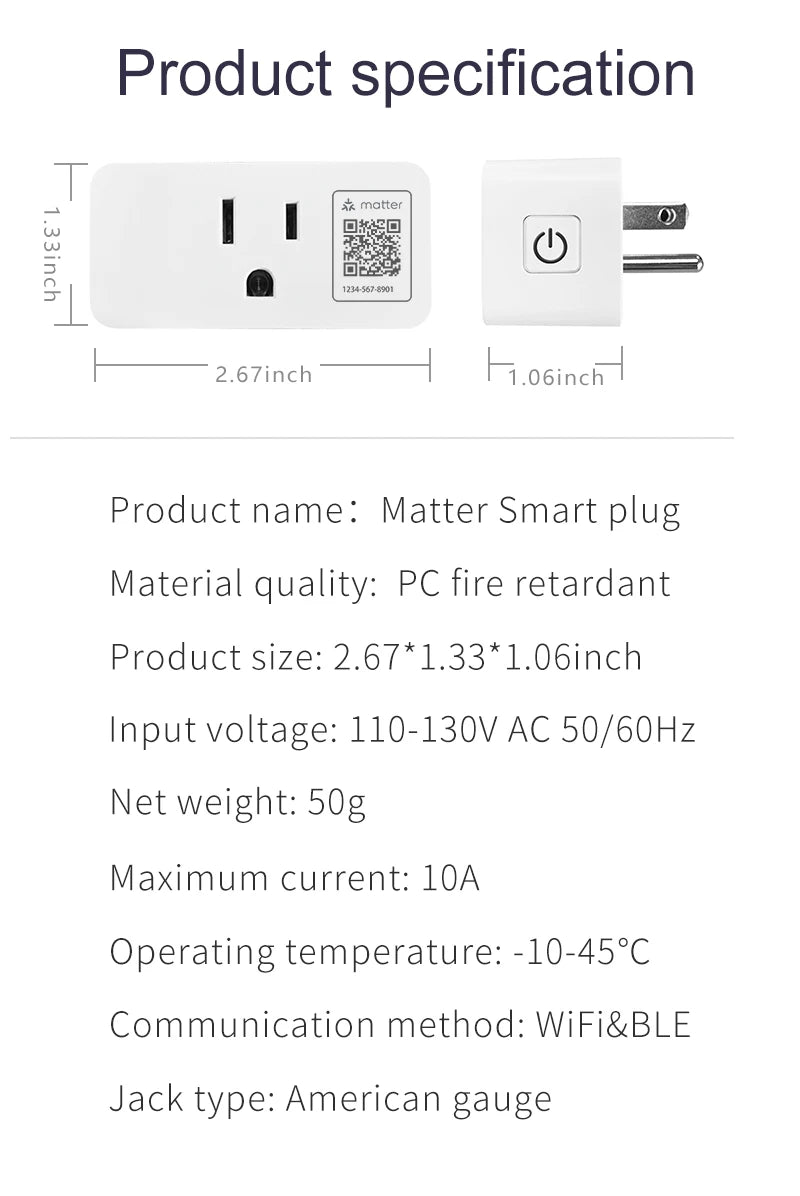 Matter WiFi Mini Smart Socket 10A Timeing Wireless Voice Control Sma