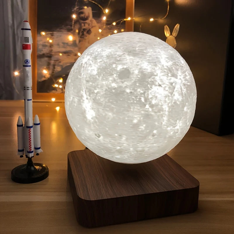 Magnetic Floating Rotating Moon Lamp with Wooden Base, 3 Color Tempe