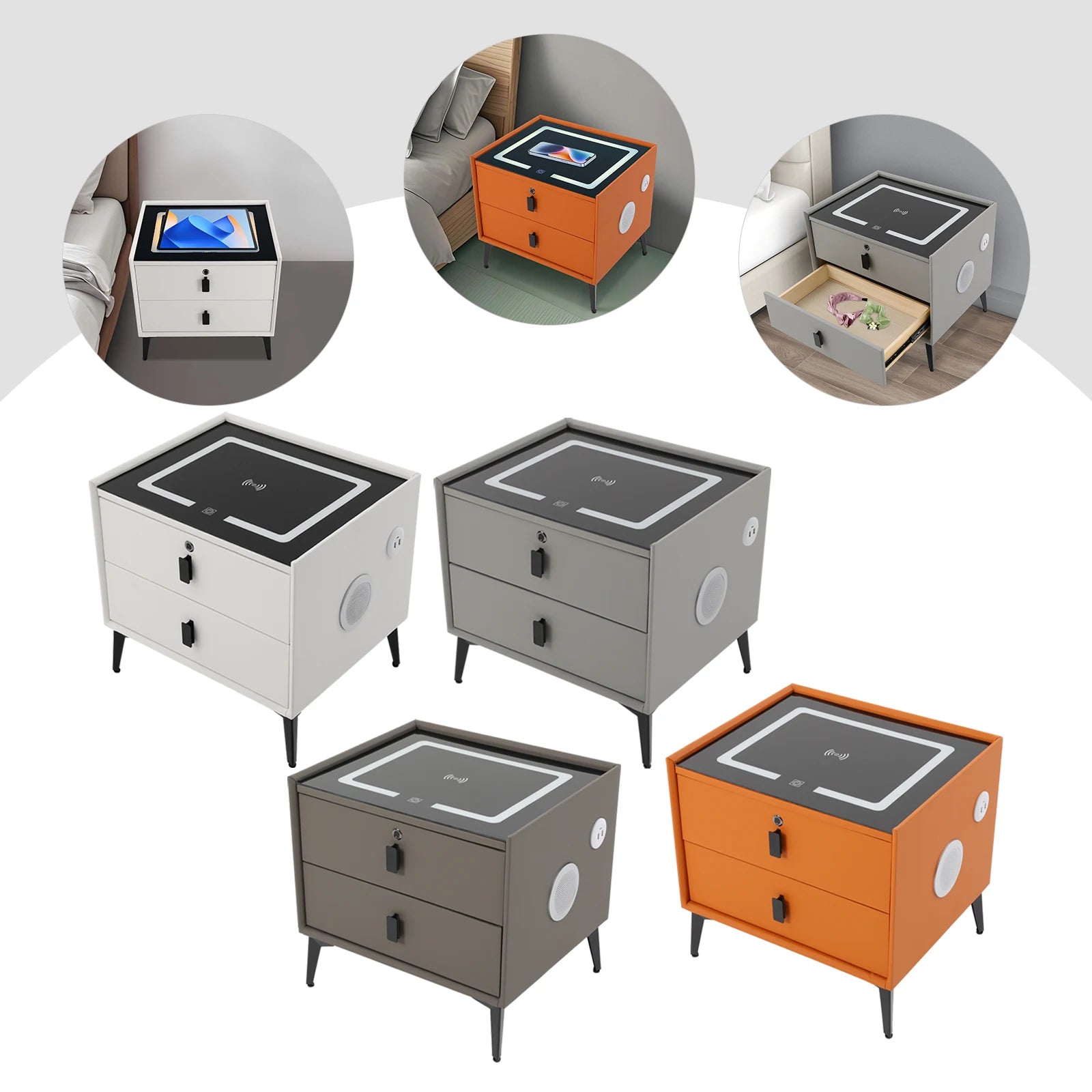 Modern 2 – Drawer Smart Bedside Table with Wireless Charging USB Por