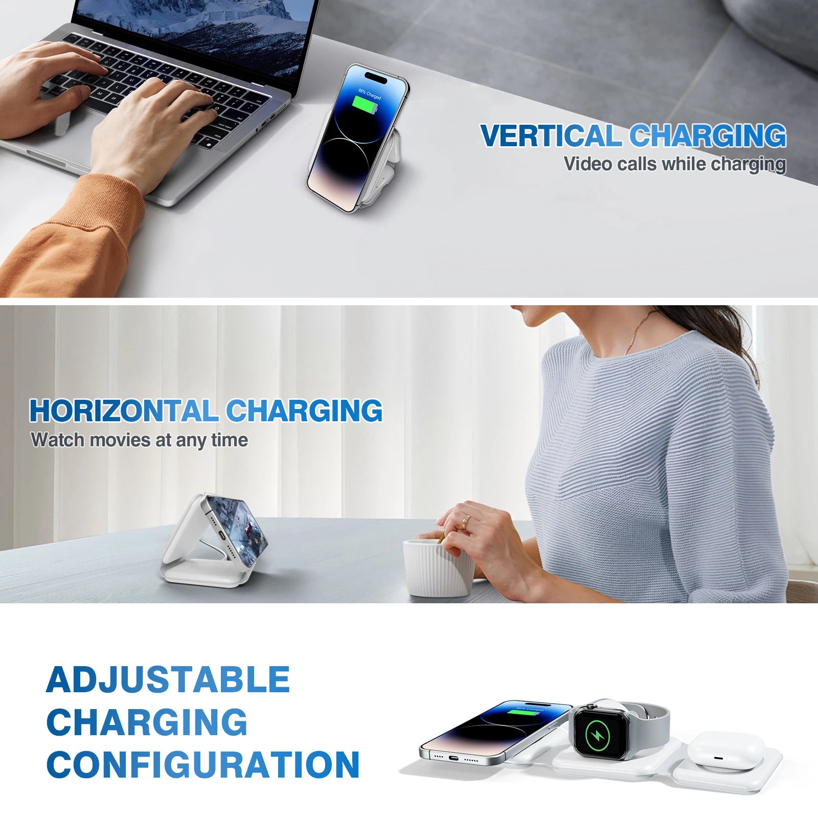 Magnetic Wireless Charger 3 in 1 Travel Charging Flexible Fast Charg