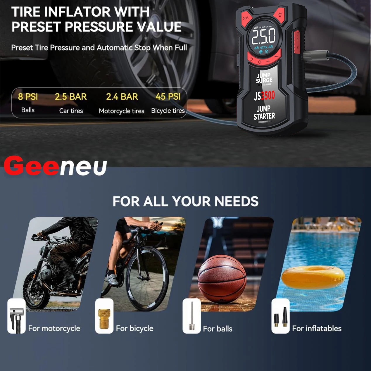 5 – in – 1 Multifunctional Air Pump Jump Starter with Air Compressor