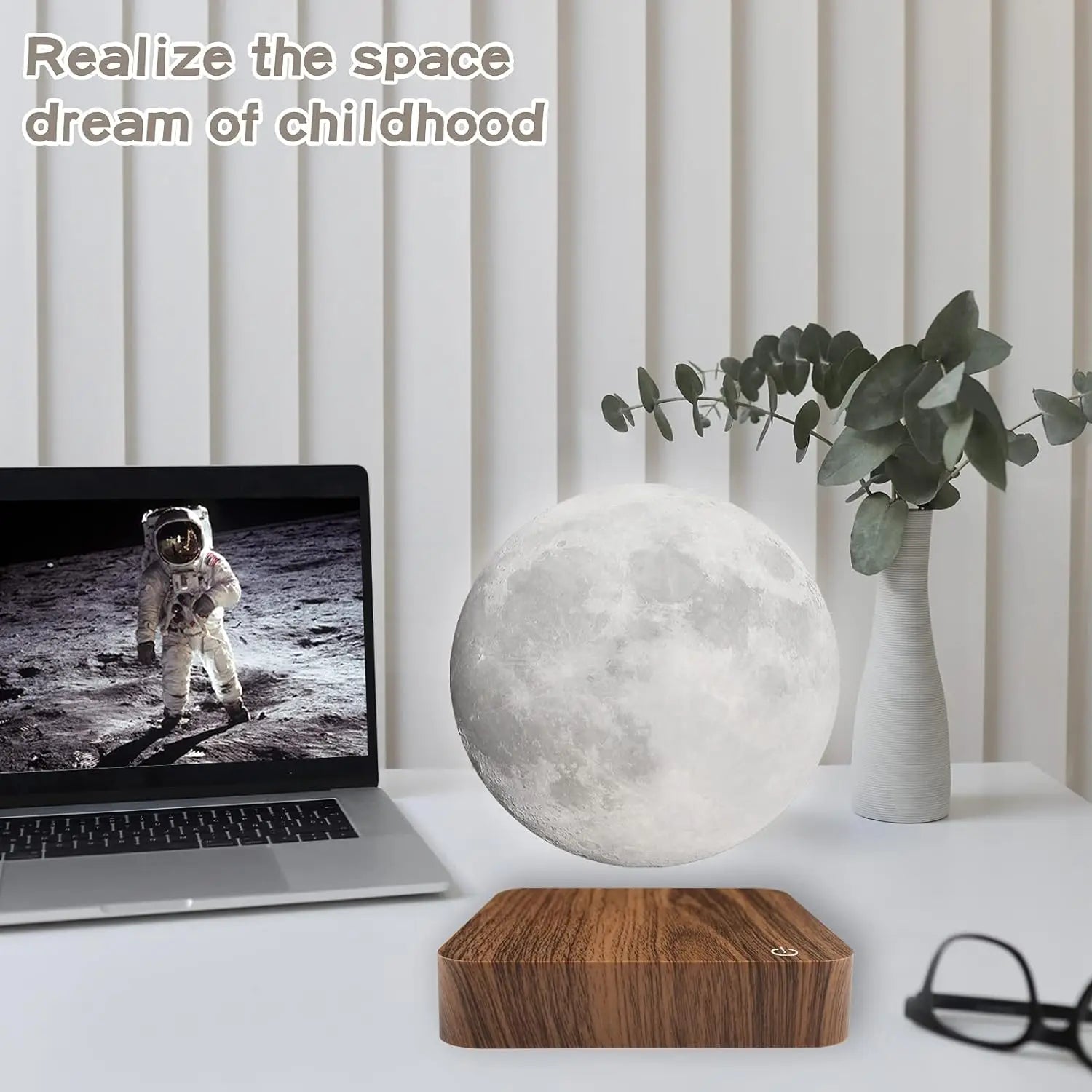 Magnetic Floating Rotating Moon Lamp with Wooden Base, 3 Color Tempe