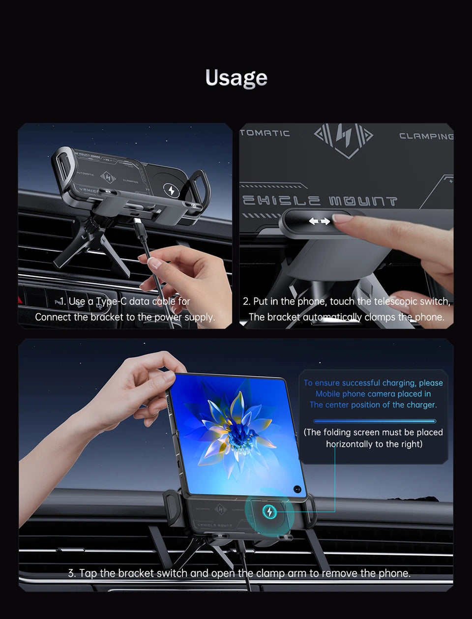 Car Wireless Charger Dual Coil Fold Screen Phone Fast Charging for S