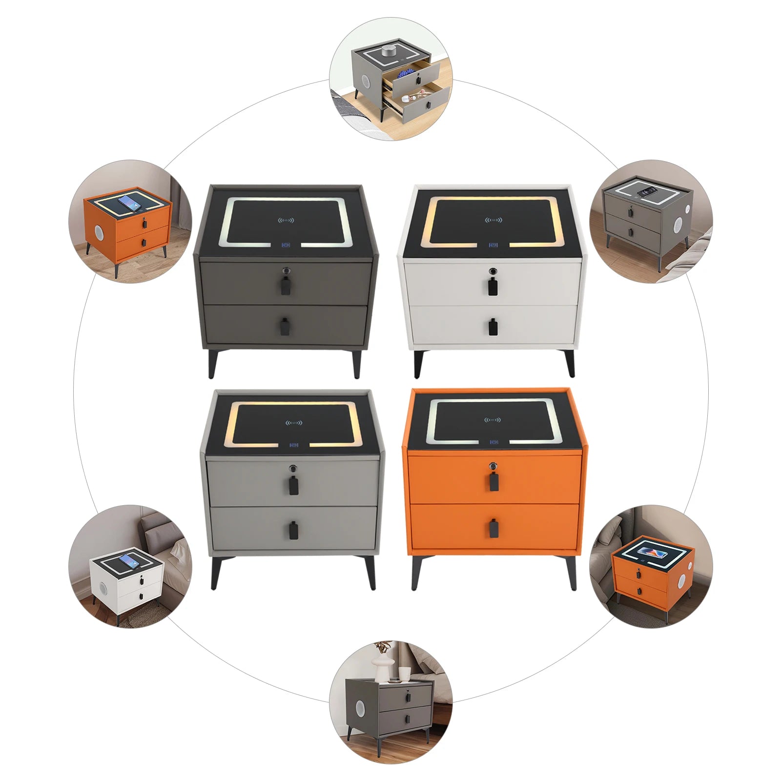Modern 2 – Drawer Smart Bedside Table with Wireless Charging USB Por