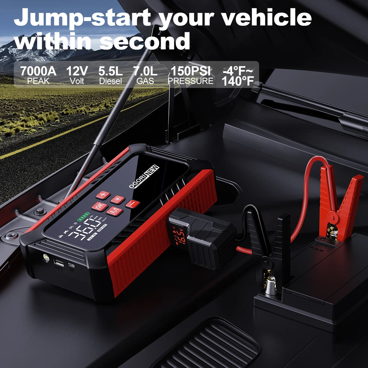 4 in 1 7000A/4000A Jump Starter Power Bank 150PSI Air Compressor Tir