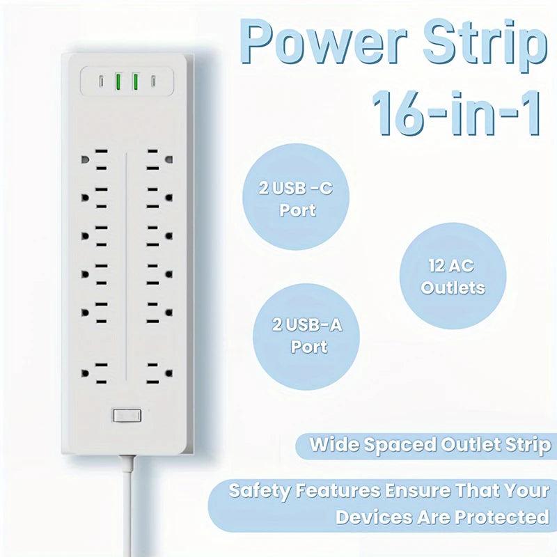 16 Ports Power Strip Plug AC Outlets Electrical Socket Extension Cor