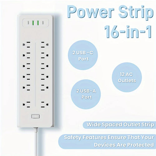 16 Ports Power Strip Plug AC Outlets Electrical Socket Extension Cor