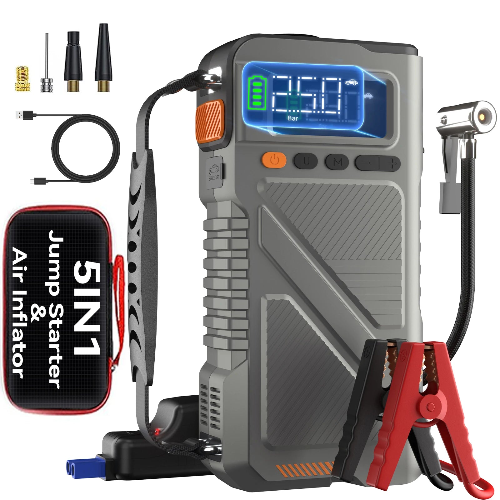 6000A Jump Starter with Air Compressor, 5 in 1 Function Jump Box 150
