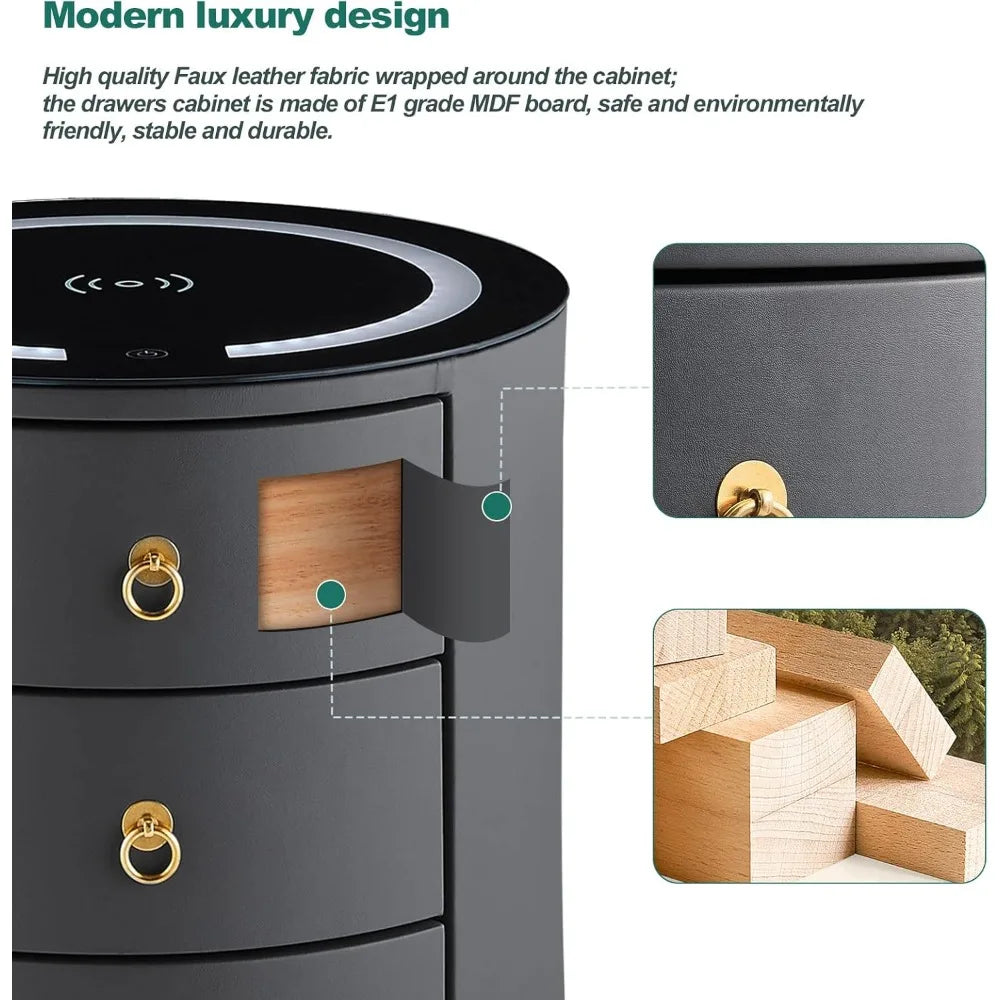 Set of 2 Modern Nightstand with 3 Drawers, Smart Nightstands with Wi