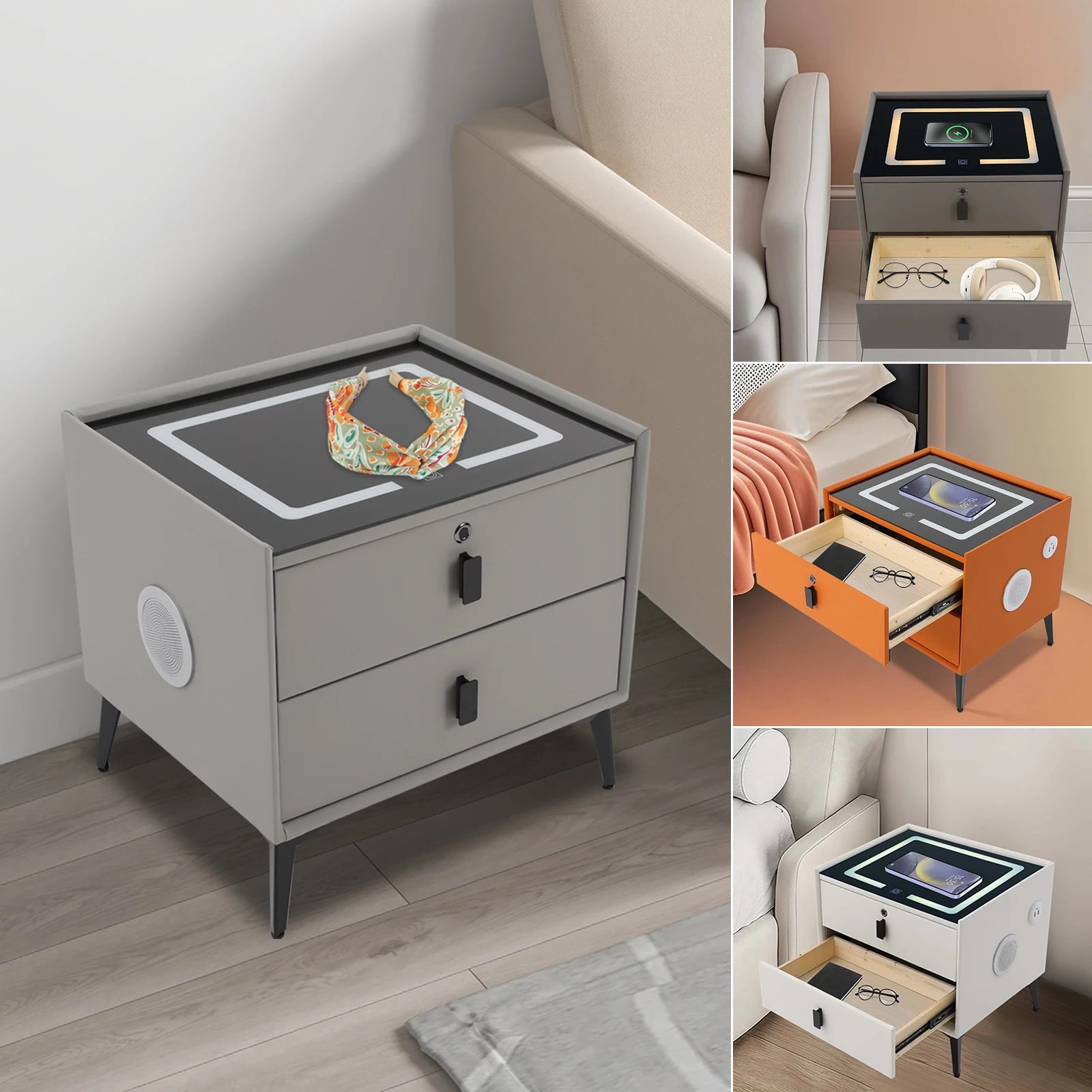 Modern Rectangular Bedside Table with Drawers Bluetooth Speaker Smar