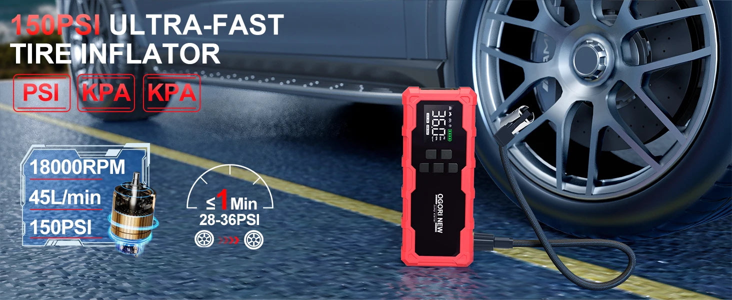 4 in 1 7000A/4000A Jump Starter Power Bank 150PSI Air Compressor Tir