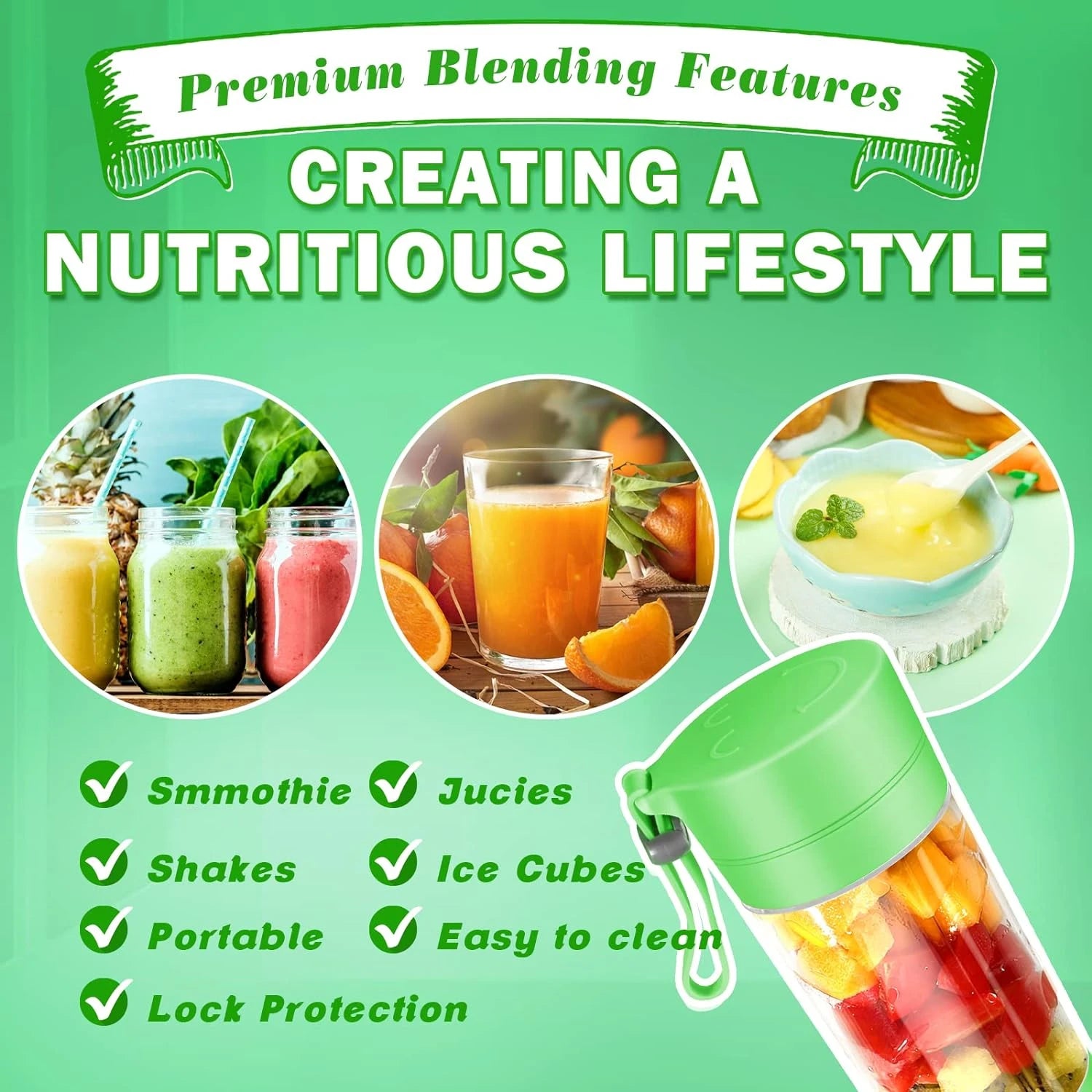 Travel – Ready Portable Green USB Rechargeable Blender with 6 Stainl