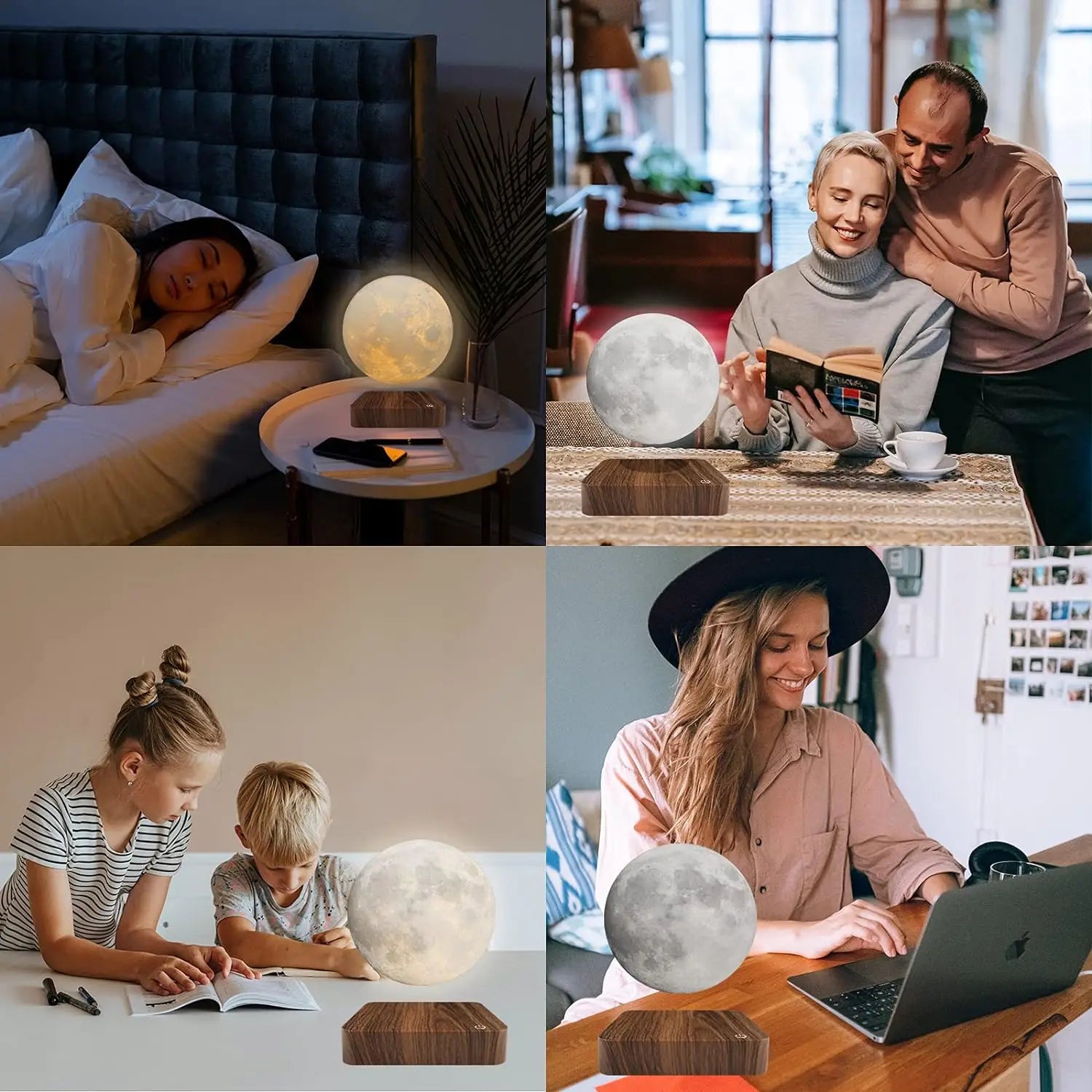 Magnetic Floating Rotating Moon Lamp with Wooden Base, 3 Color Tempe