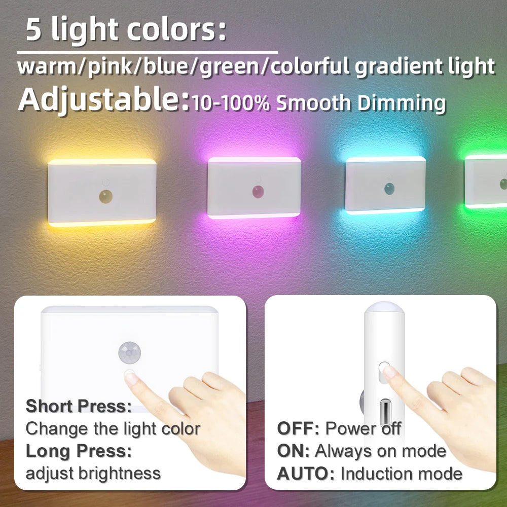 2PCS Magnetic Motion Sensor Night Light USB Rechargeable 5 Colors 10