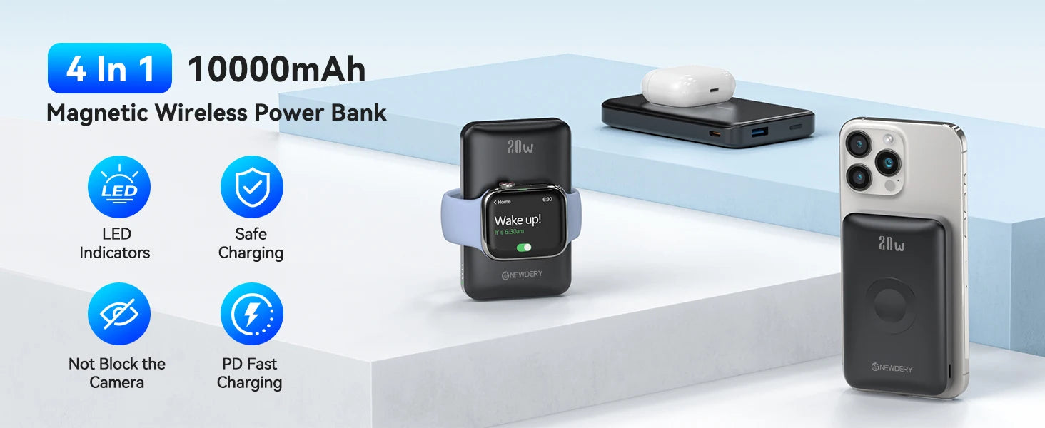 NEWDERY10000mAh Magnetic Wireless Power Bank for Apple Watch /9/8/7/
