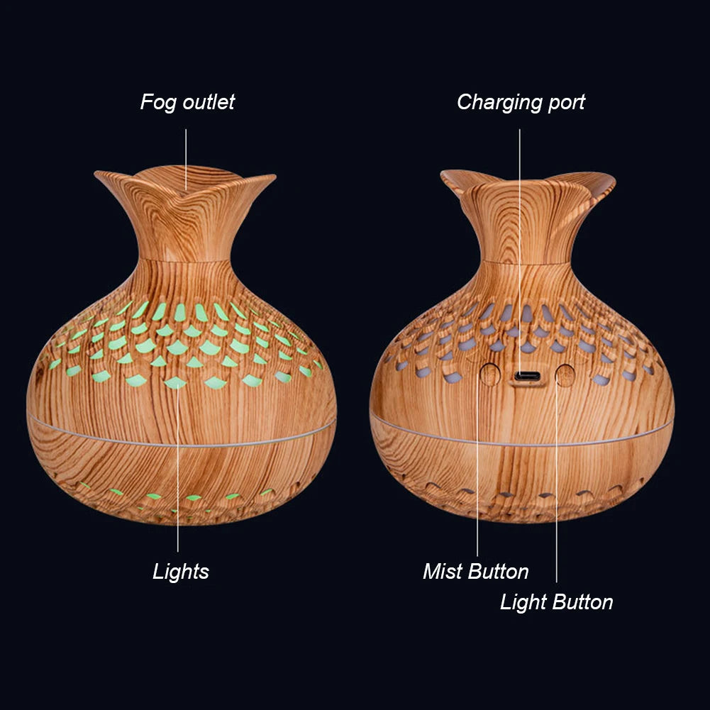 300ML Wood Grain Flower Humidifier Silent Aromatherapy Diffuser USB