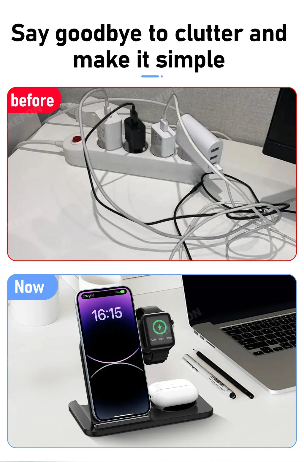 Foldable 3 in 1 Wireless Charger Pad Stand for IPhone 15 14 13 12 8