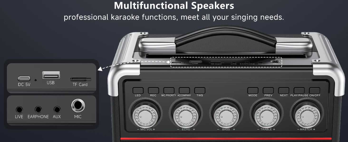 FanFun Karaoke Speaker, Bluetooth Speaker with 2 Microphones and LED