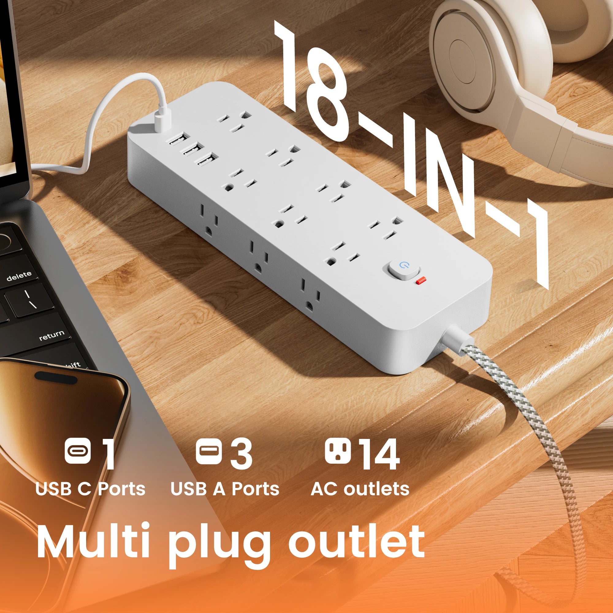 18 – in – 1 Multitap Power Strip Plug AC Outlet USB Port Type C 4ft