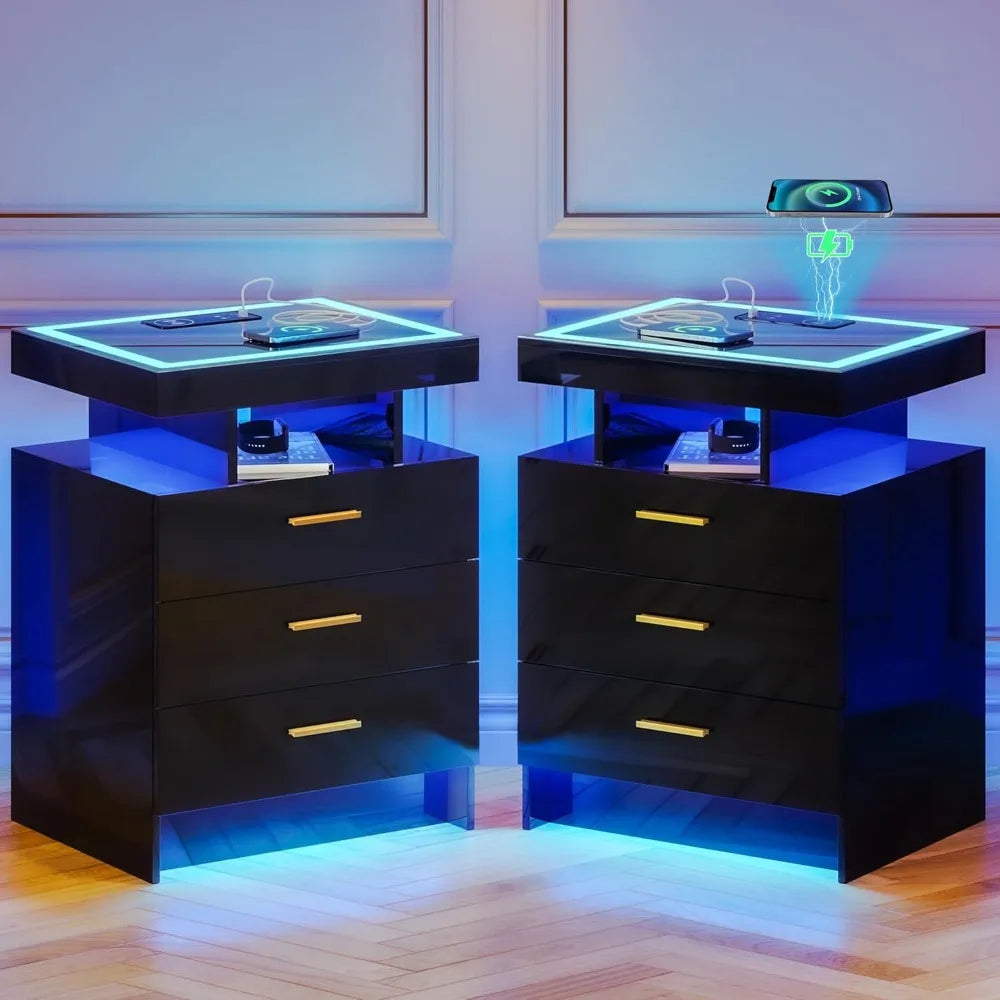 2 Set Nightstands with Wireless Charging Station, Auto Sensor 3 Colo