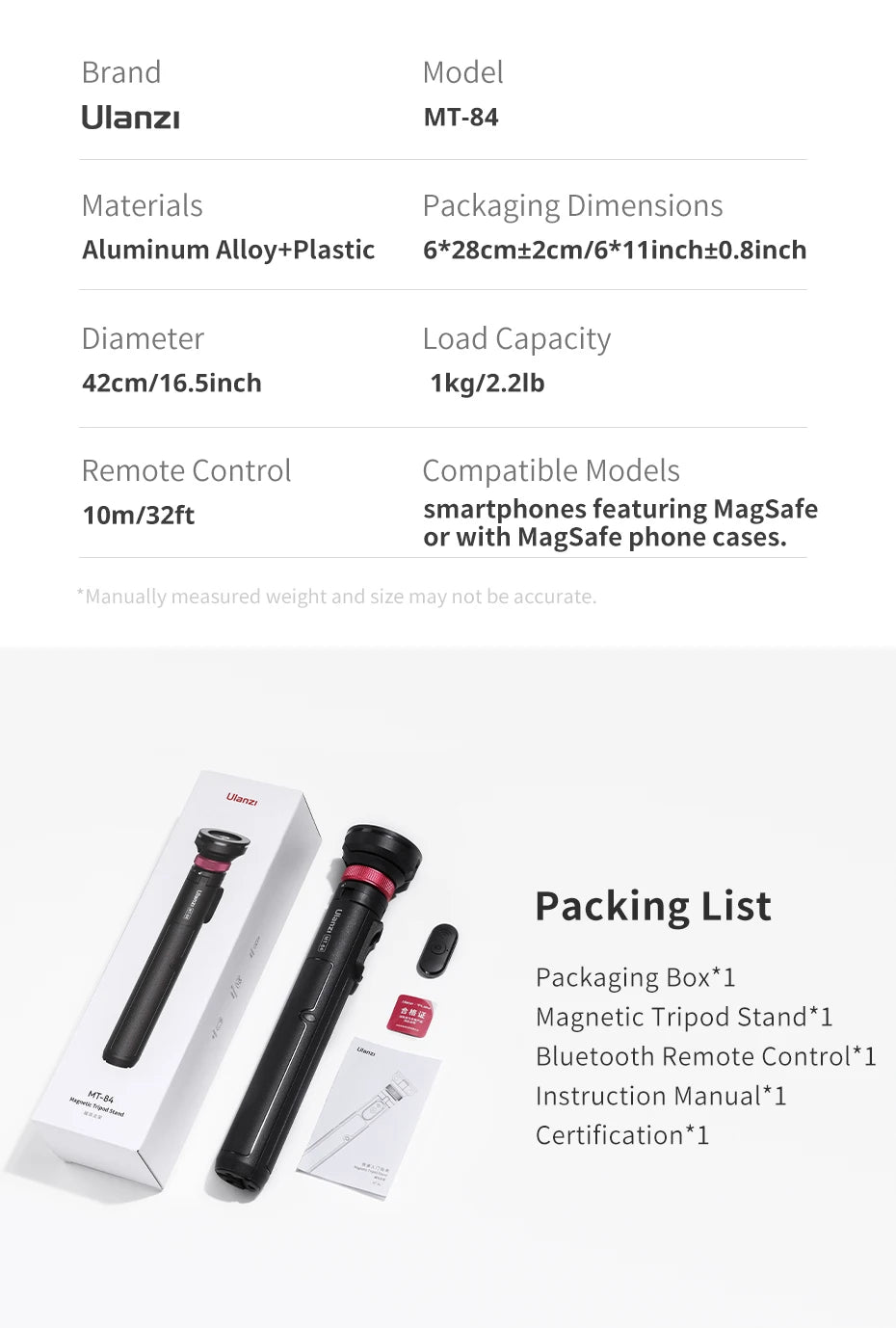 Ulanzi MT – 84 1.53M Magsafe Selfie Stick Tripod Stand Bluetooth Rem