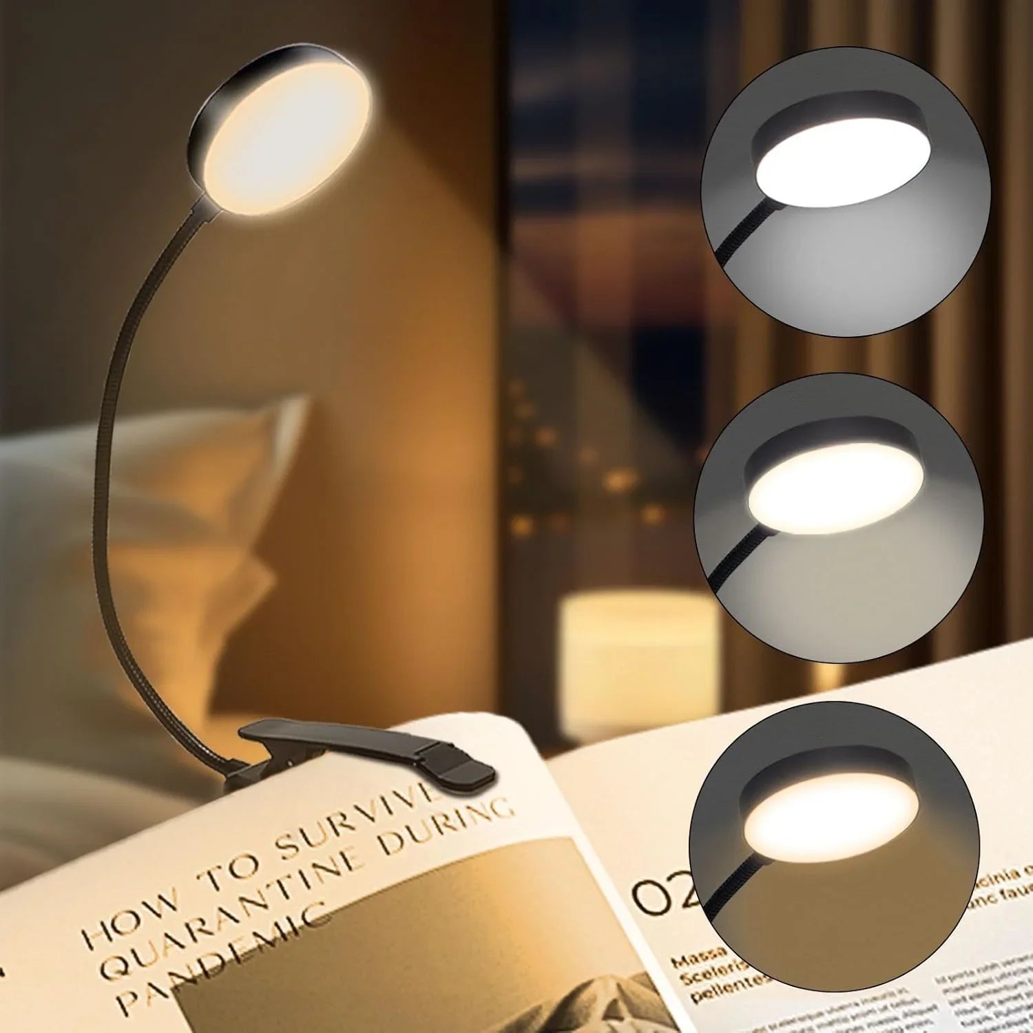 14LED USB Rechargeable Book Light, Warm/Cool White, Flexible Clip, P
