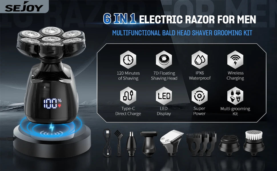 Sejoy Electric Head Shaver for Bald Men 7D Magnetic Razor Hair Trimm
