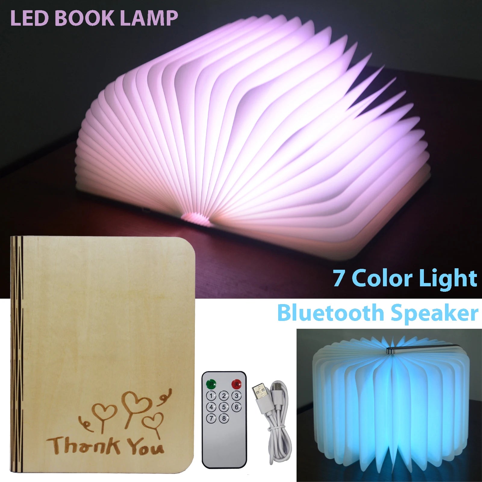 7 Colors Changing Folding Book Lamp Wireless Blutooth Speaker Player