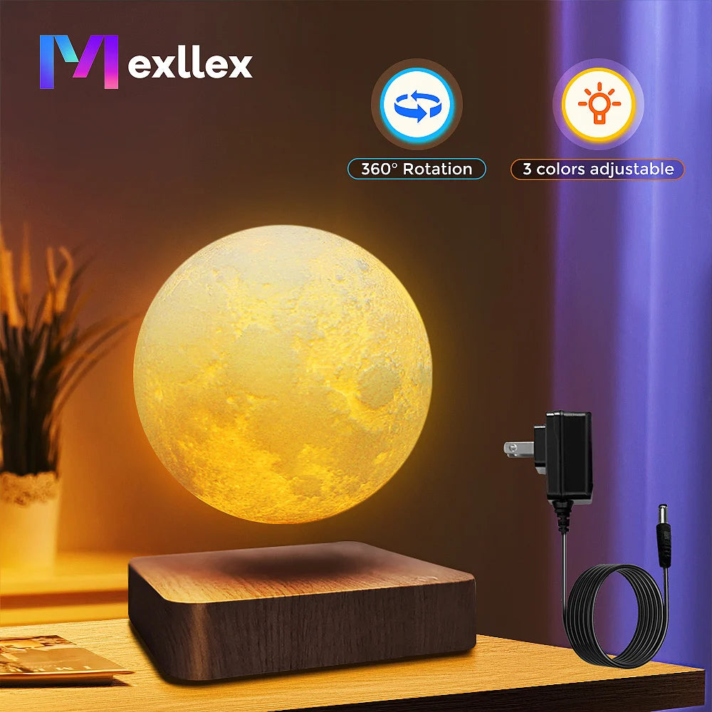 Magnetic Floating Rotating Moon Lamp with Wooden Base, 3 Color Tempe