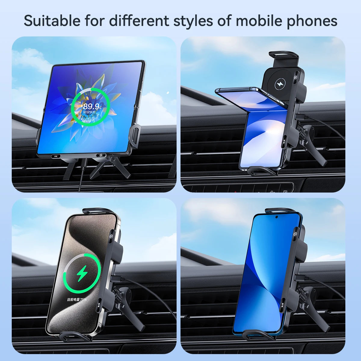 Car Wireless Charger Dual Coil Fold Screen Phone Fast Charging for S