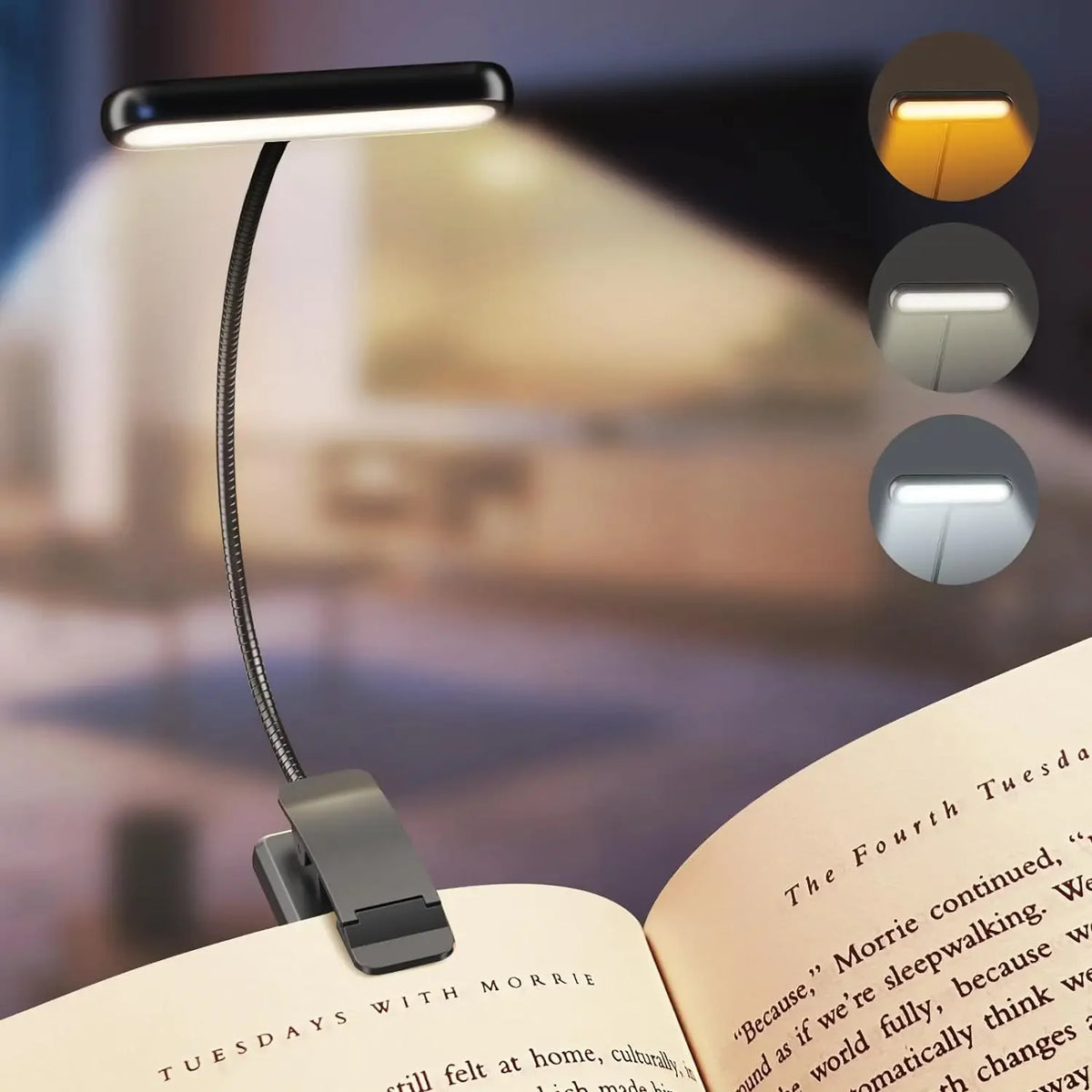 14LED USB Rechargeable Book Light, Warm/Cool White, Flexible Clip, P