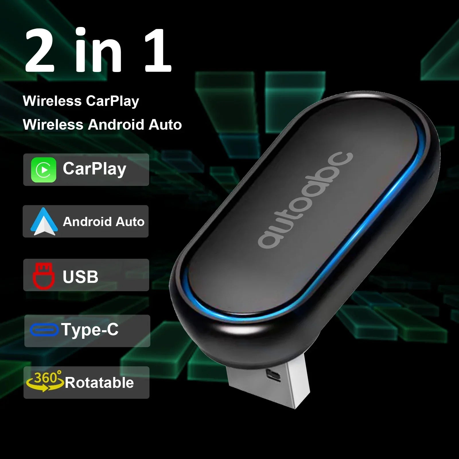 New 2 – in – 1 360 Degree Wireless Adapter CarPlay Android AUTO Car