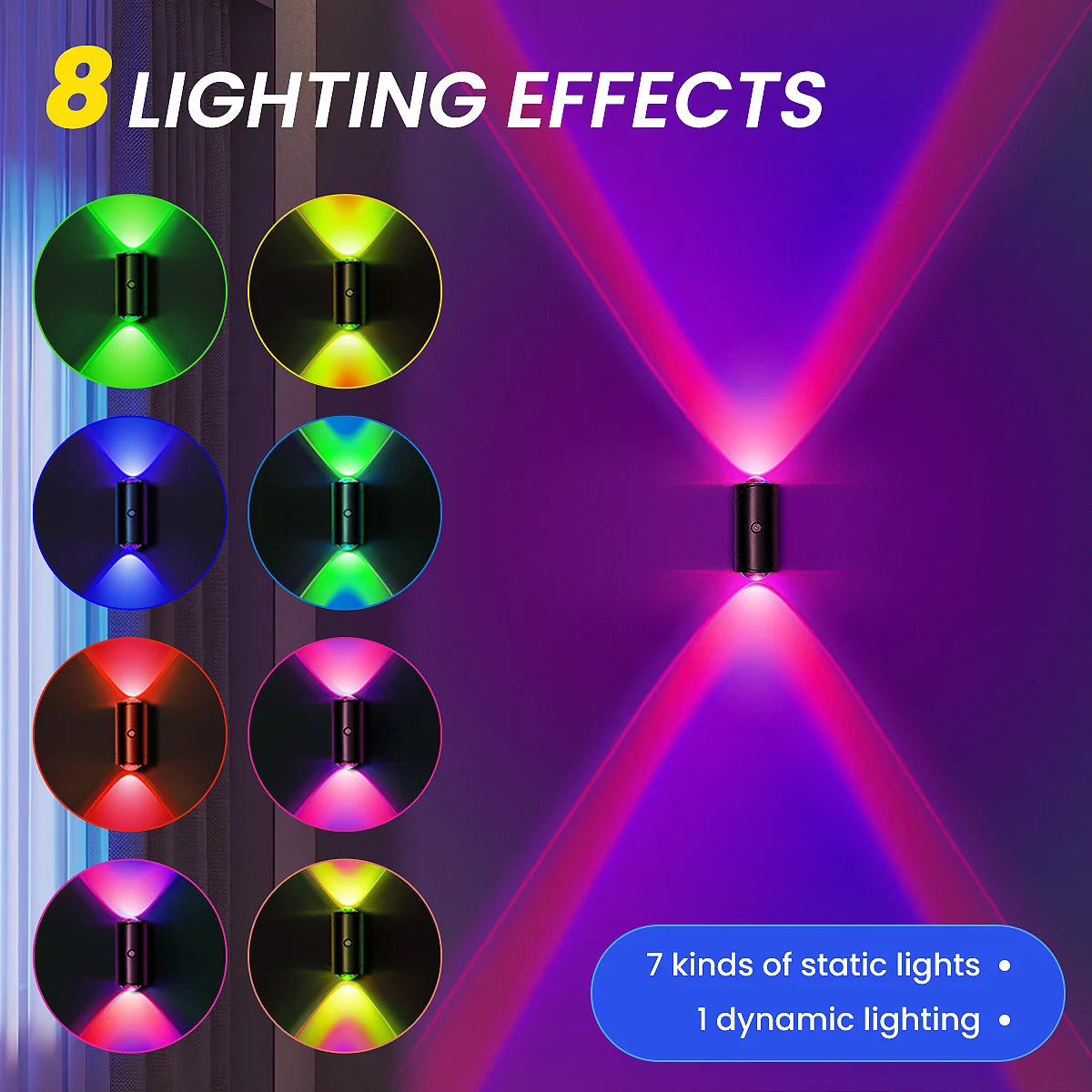 LED Motion Sensor Wall Sconce Lights, 3 Modes, 8 Lighting Colors, US