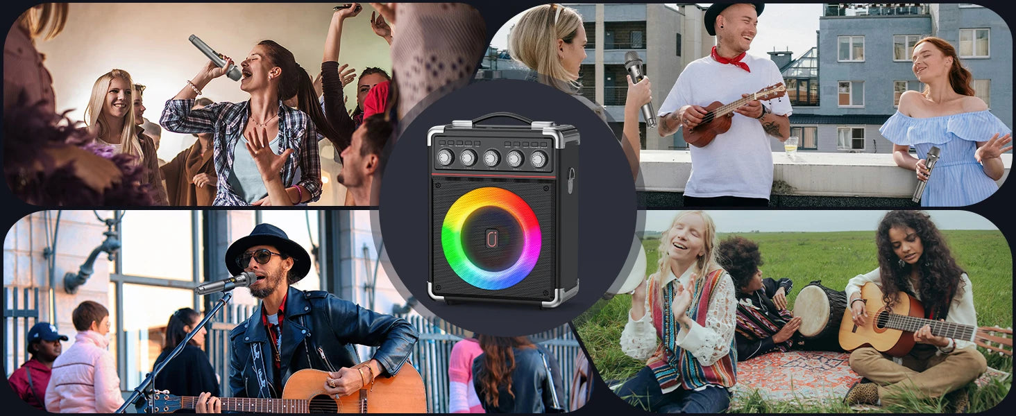 FanFun Karaoke Speaker, Bluetooth Speaker with 2 Microphones and LED